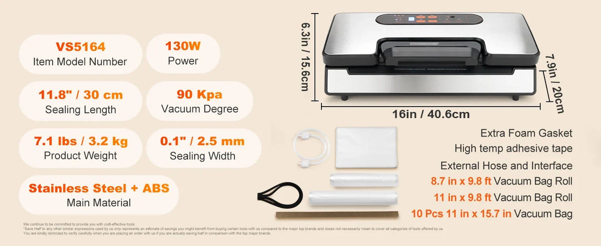 Succebuy 90Kpa 130W Vacuum Sealer Food Packaging Machine with Free 10Pcs Vacuum Bags for Household Kitchen Vacuum Food Sealing