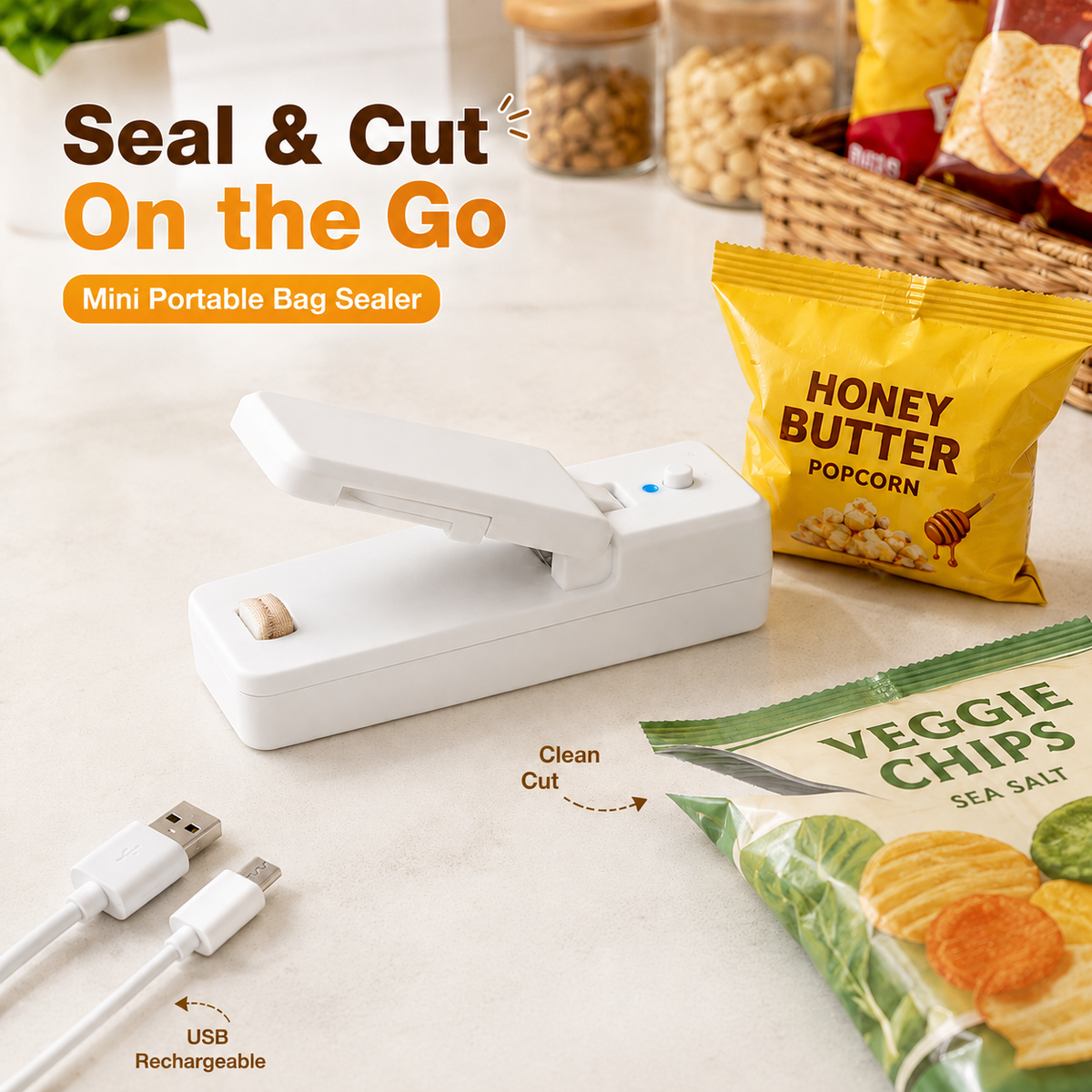 Mini Portable Bag Sealer & Cutter with Detachable Hook