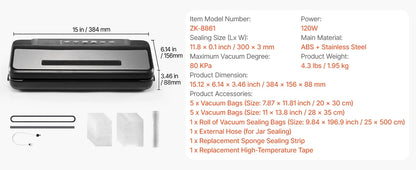 Succebuy 80Kpa 120W Electric Vacuum Sealer Machine 7-In-1 Wet Food Sealer with Free 10Pcs Vacuum Bags for Kitchen Food Storage