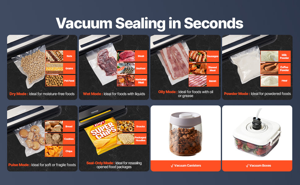 Succebuy 80Kpa 120W Electric Vacuum Sealer Machine 7-In-1 Wet Food Sealer with Free 10Pcs Vacuum Bags for Kitchen Food Storage